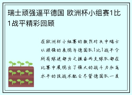 瑞士顽强逼平德国 欧洲杯小组赛1比1战平精彩回顾